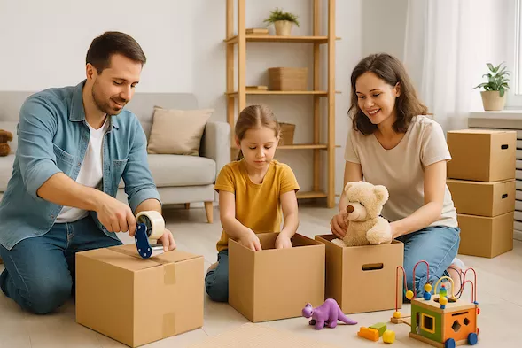 En familj med barn packar flyttlådor i vardagsrummet, med möbler och leksaker runtomkring